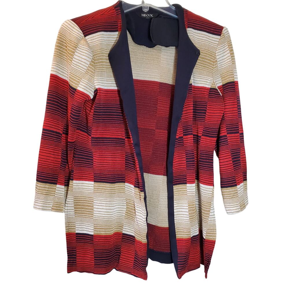 Misook Red Cream Striped Knit Open Front Long Sleeve Cardigan Sweater Size XS